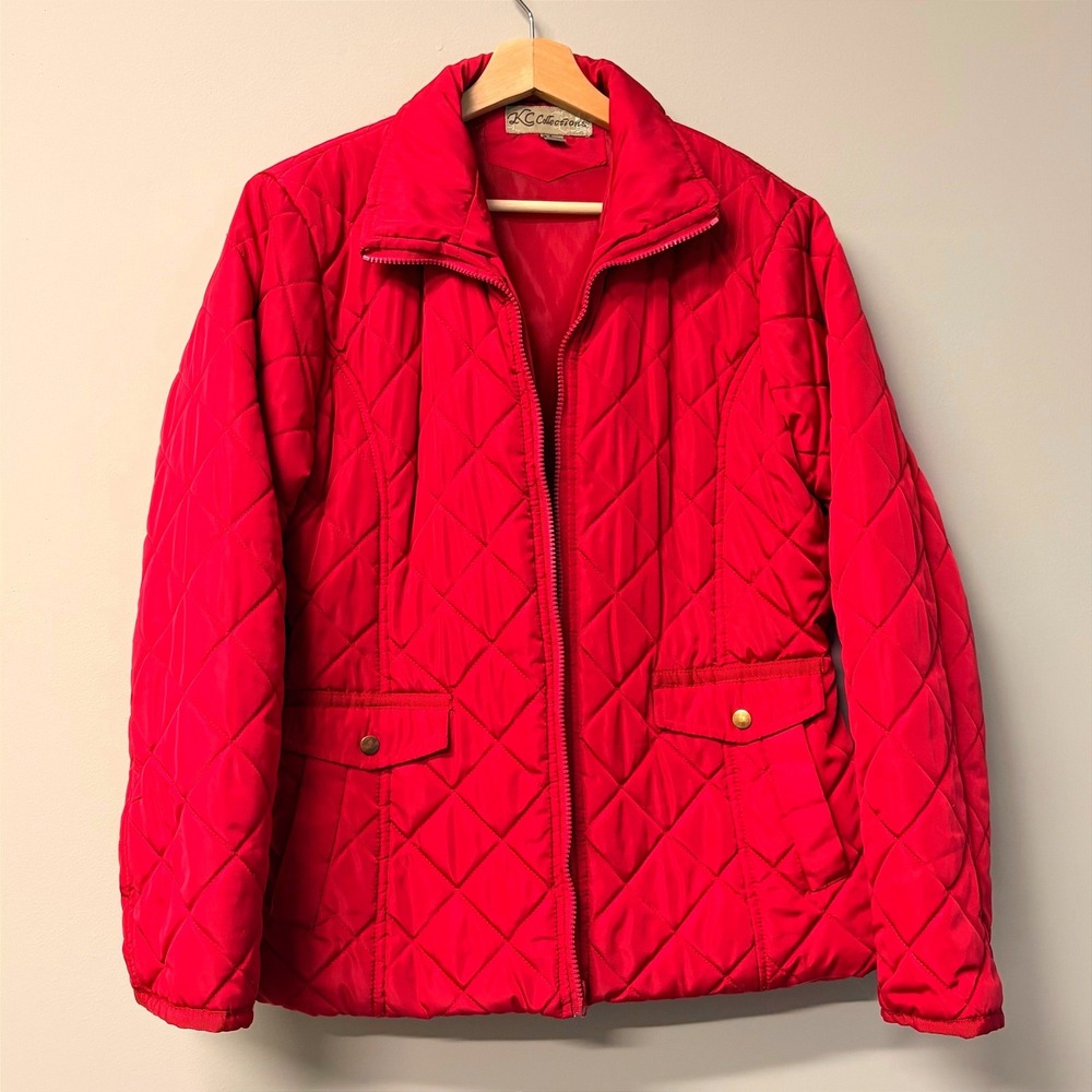 KC Collections Red Quilted Zip Up Jacket Women Large Diamond Puffer Equestrian